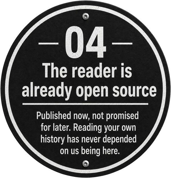 04. The reader is already open source Published now, not promised for later. Reading your own history has never depended on us being here.